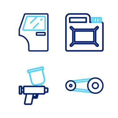 Zaman ayarlı kemer kiti, boya tabancası motor yağı ve araba kapısı simgesi için teneke kutu. Vektör