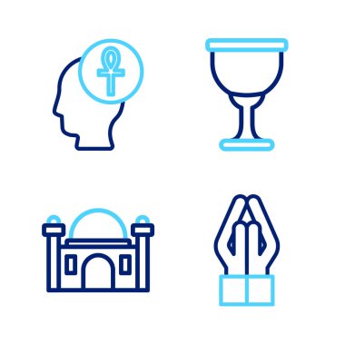 El ele tutuşup namaz kılın, Müslüman Camii, Kutsal Kase ya da Kadeh ve Haç Ankh ikonu. Vektör