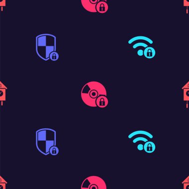 Wifi 'yi kilitleyin, Kalkan güvenliğini CD ya da DVD diskle ve Retro duvar nöbetini pürüzsüz desene ayarlayın. Vektör.