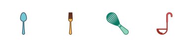 Spoon, Fork, Kitchen çırpma ve kepçe ikonunu hazırla. Vektör.