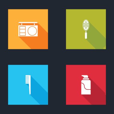 Göz farı paletini, saç fırçasını ve krem kozmetik tüp ikonunu ayarla. Vektör.