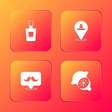 Tekila şişesi, Meksika sombrerosu, bıyık ve limon ikonu. Vektör