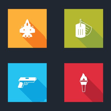 Jet savaş uçağı, askeri künye, tabanca ya da silah ve meşale ikonu. Vektör