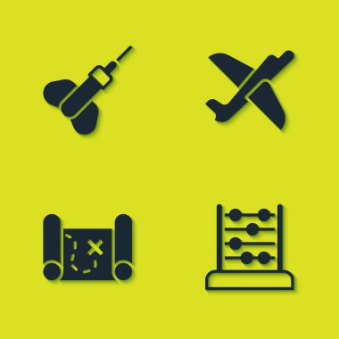 Dart oku, abaküs, korsan hazine haritası ve oyuncak uçak ikonu. Vektör