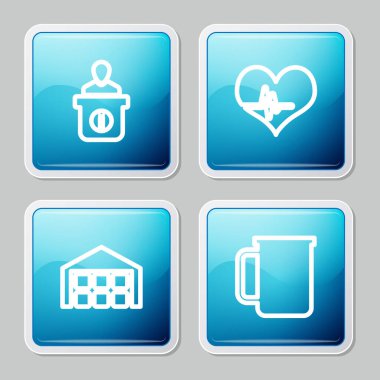 Hat danışma masası, kalp atışı, depo ve kahve kupası ikonu. Vektör.