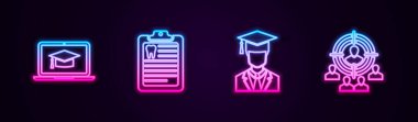 Dizüstü bilgisayarda mezuniyet şapkası, dişçi kartlı pano mezuniyet ve pazarlama hedef stratejisi. Parlayan neon ikonu. Vektör.