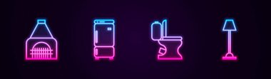 Hattı kurun şömine, buzdolabı, klozet ve yer lambası. Parlayan neon ikonu. Vektör.