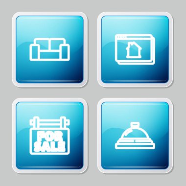 Set hattı Sofa, Çevrimiçi Emlak Evi, Satılık ve Otel servis çanı ikonu ile asılma tabelası. Vektör