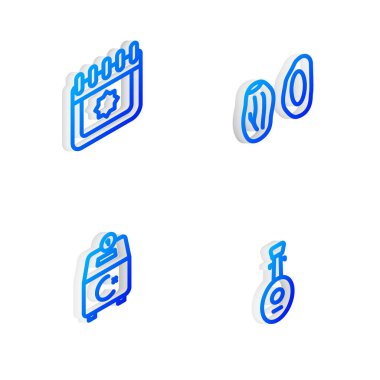 Isometric hattını ayarla Tarih Meyvesi, Ramazan takvimi, Bağış yapın veya sadaka ve Lavta simgesini ödeyin. Vektör