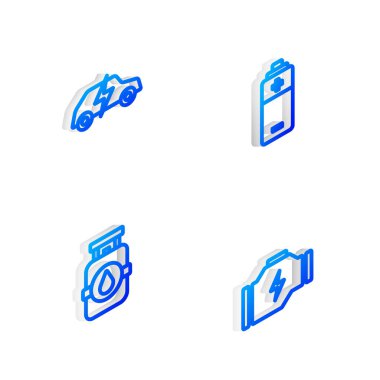 Isometric hattı pili, elektrikli araba, propan benzin deposu ve motor simgesini kontrol et. Vektör