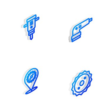 Isometric hattı elektrikli zımpara, inşaat matkabı, dairesel testere bıçağı ve ikonu ayarlayın. Vektör
