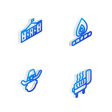 Isometric Hattı Kamp Ateşi, Birleşik Devletler Kongre Kongresi, Şerif Kovboy ve Barbekü Izgara ikonu. Vektör