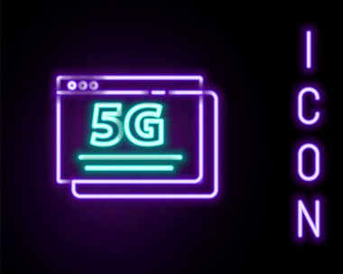 Parlayan neon hattı 5G yeni kablosuz internet kablosuz bağlantı simgesi siyah arkaplanda izole edildi. Küresel ağ yüksek hızlı bağlantı veri oranı teknolojisi. Renkli taslak konsepti. Vektör