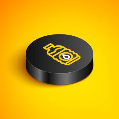 Isometric line Bottle of water icon isolated on yellow background. Soda aqua drink sign. Black circle button. Vector clipart