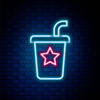 Duvarda izole edilmiş pipet ve su ikonu ile parlayan neon şeritli kağıt bardak. Soda bardağı. Taze soğuk içecek sembolü. Renkli taslak konsepti. Vektör