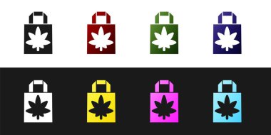 Set Tıbbi esrar veya esrar yaprağı simgesi siyah ve beyaz arka plan üzerinde izole Alışveriş kağıt torba. Esrar satın alıyorum. Kenevir sembolü. Vektör İllüstrasyonu.