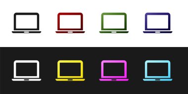 Laptop simgesini siyah beyaz arkaplanda izole et. Boş ekran işaretli bilgisayar defteri. Vektör.