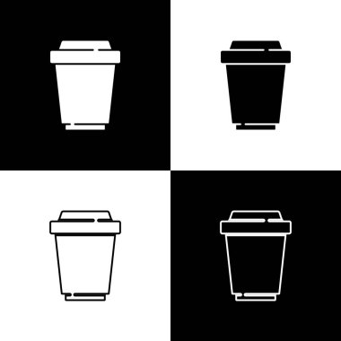 Kahve fincanını siyah ve beyaz arka planda izole edilmiş bir simgeye ayarla. Vektör.