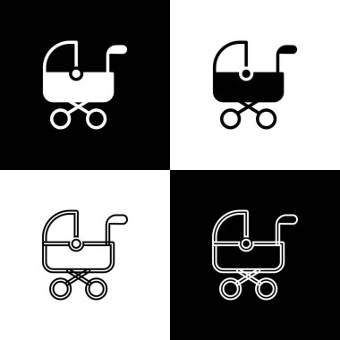 Bebek arabası simgesini siyah beyaz arkaplanda izole et. Bebek arabası, at arabası, bebek arabası, bebek arabası, tekerlek. Vektör