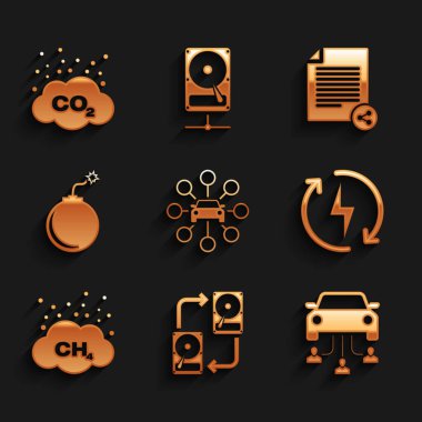 Set Car sharing, Data exchange with hhd, , Recharging, Methane emissions reduction and Bomb ready to explode icon. Vector clipart