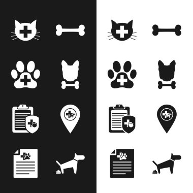 Set Köpeği ve Kemiği, Veterinerlik Kliniği, Klinik Kayıt Hayvanları ve Konum Veterinerlik ikonu. Vektör
