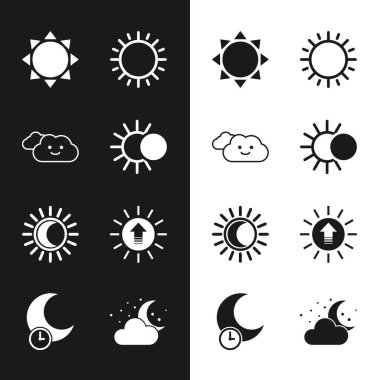 Güneş tutulması, Bulut, Güneş, Günbatımı, ay, yıldızlar ve uyuyan ikonla. Vektör