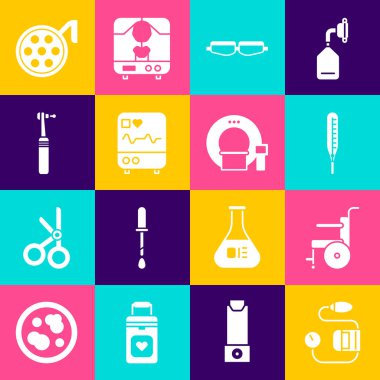 Kan basıncını ayarla, engelliler için tekerlekli sandalye tıbbi termometre, güvenlik gözlüğü, kardiyogramlı monitör, diş matkabı, ameliyat lambası ve tomografi ikonu. Vektör