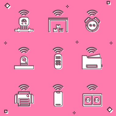 Akıllı sensör, depo, robot elektrikli süpürge, güvenlik kamerası, uzaktan kumanda, yazıcı ve kablosuz akıllı telefon ikonu ayarla. Vektör