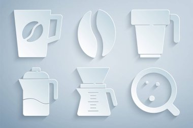 Kahve makinesini, kahve fincanını, kahve makinesini, kahve makinesini, fasulyeyi ve ikonu dök. Vektör