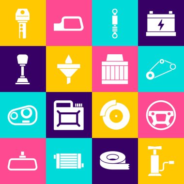 Araba pompası, direksiyon, zaman ayarlı kemer kiti, şok emici, huni ve yağ damlası, vites kolu, uzaktan kumandalı anahtar ve filtre simgesi. Vektör