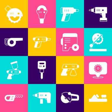 Tahta uçak aleti, testere bıçağı ahşap işçiliği için masa, elektrik kablosuz tornavida, Yaprak bahçe üfleyici, dairesel ve elektrik jeneratörü ikonu. Vektör