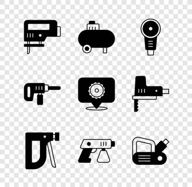 Elektrikli yap-boz, hava kompresörü, açılı öğütücü, inşaat zımbası, boya spreyi, planör aleti, matkap ve dairesel bıçak ikonu. Vektör