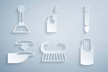 Pedikür fırçası ya da rendeleyici, tırnak temizleyicisi, çivi manikürü, değirmen kesiciyi ve ikonu hazırlayın. Vektör