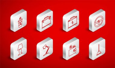 Lastik pompa, araba aküsü, direksiyon, bozuk para, kahve fincanı, masa lambası ve ikon. Vektör