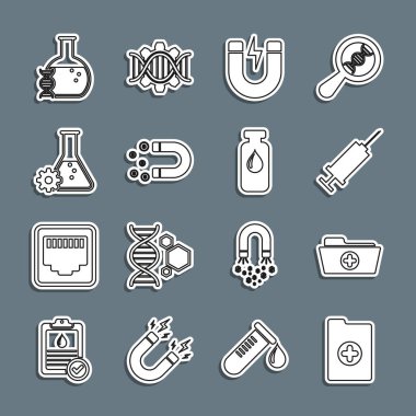 Sabit hat klinik rekoru, Sağlık klasörü, şırınga, yıldırımlı mıknatıs, para, biyomühendislik, DNA araştırması, arama ve tıbbi şişe, ampul simgesi. Vektör