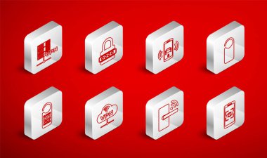 Satır Mobil ve göz taraması, Parola koruması, Akıllı araba alarm sistemi, Lütfen rahatsız etmeyin, kablosuz dijital kapı kilidi, sunucu VPN, ağ bulut bağlantısı ve simgesi. Vektör