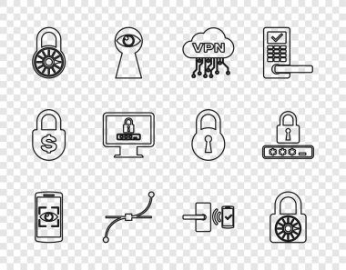 Satır Mobil ve göz taraması, güvenli kilit tekerleği, Bulut VPN arayüzü, Bezier eğrisi, şifreli monitör, dijital kapı kablosuz ve parola koruma simgesi ayarla. Vektör
