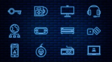 Satır dizüstü, oyun zarları, bilgisayar monitörü, taşınabilir video oyun konsolu, ağ, Eskiler için anahtar, kutu simgesinde Video ve CD DVD diski ayarla. Vektör