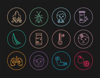 Portakal meyvesi, baş ağrısı çeken bir adam, burnunda mendil, ilaç şişesi hapları, böbrek fasulyesi, akıcı, tıbbi dijital termometre ve hamamböceği ikonu. Vektör