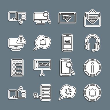 Satır Tuşu sohbet bildirimi, Bilgi, Kulaklık, İnternet bağlantısı yok, Konuşma balonu yok, Ünlem işareti, Sevmeme ve Mobil SSS bilgi simgesi ile izleyici ayarlayın. Vektör