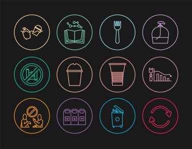 Hat yenileme, ekoloji bilgisi, tek kullanımlık plastik çatal, kağıt cam su poşet posterine, okyanus kirliliğine ve açık kitap ikonuna hayır deyin. Vektör