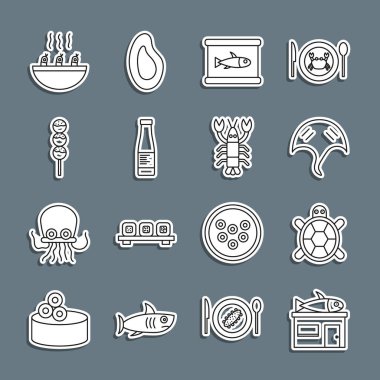 Deniz ürünleri dükkanı, Turtle, Stingray, konserve balık, sos şişesi, çubukta Takoyaki, karides çorbası ve ıstakoz ikonu. Vektör