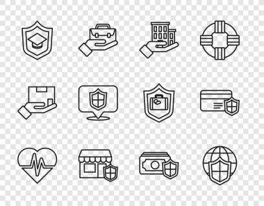 Sağlık sigortası, dünya küresi kalkanı, House, alışveriş kalkanı, mezuniyet şapkası, konum, para ve kredi kartı ikonu. Vektör