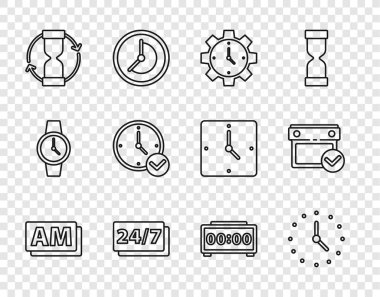 Hat AM, Zaman Yönetimi, 24 saat, eski kum saati, dijital alarm saati ve işaretli takvimi ayarla. Vektör