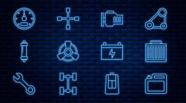 Motor yağı, radyatör soğutma sistemi, motoru, vantilatörü, şok emiciyi, hız göstergesini, pili ve tekerlek anahtarı simgesini ayarlayın. Vektör