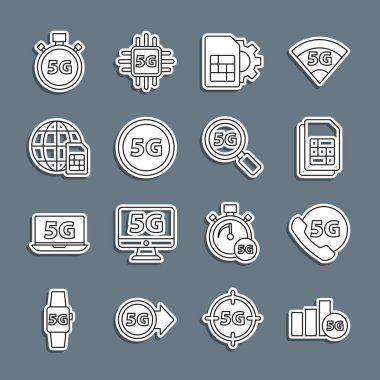 Satır 5G ağı, Telefon, Sim kartı, ayar, Globe Card, Dijital hız ölçer ve Arama simgesi ayarla. Vektör