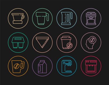 Çizgi kahve makinesi, barista, elektrikli çaydanlık, kağıt filtre, paket fincan, V60 kahve makinesi ve ikon. Vektör