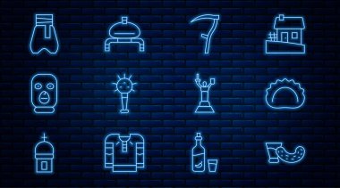 Votka, hamur köftesi, tırpan, göz yaşartıcı sprey, hırsız maskesi, Kazak pantolonu, ana vatan anıtı ve ekmek tuzu ikonu. Vektör