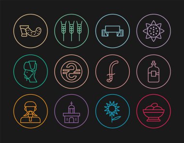 Varenyky 'yi bir kaseye koy, bir şişe votka, nakışlı havlu, Ukrayna hrivnisi, kazak, cam, Ortaçağ kılıcı ve buğday ikonu. Vektör