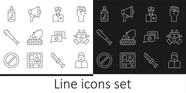 Hat sansür ve konuşma özgürlüğü, gaz maskesi, polis memuru, yanan lastikler, çivili beyzbol sopası, biber gazı, konuşma balonu sohbeti ve Megafon ikonu. Vektör